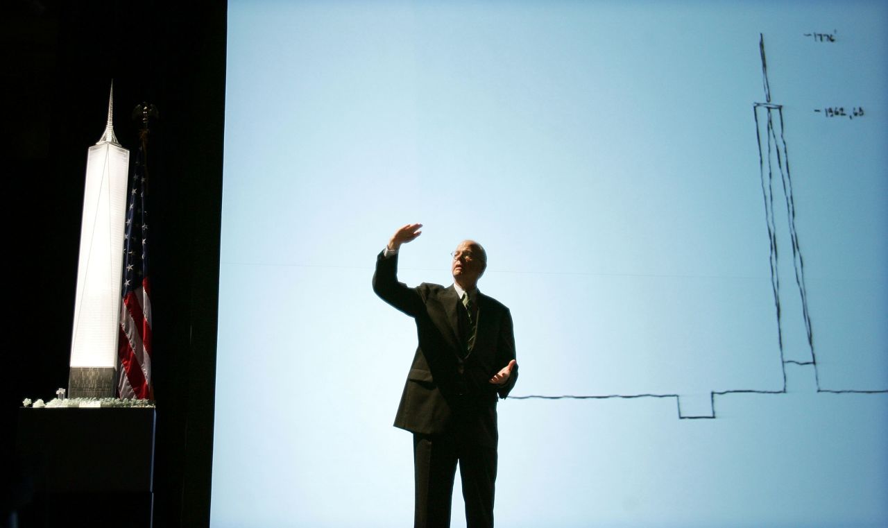 Architect David Childs speaks beside a model design of the Freedom Tower on June 28, 2005, in New York.