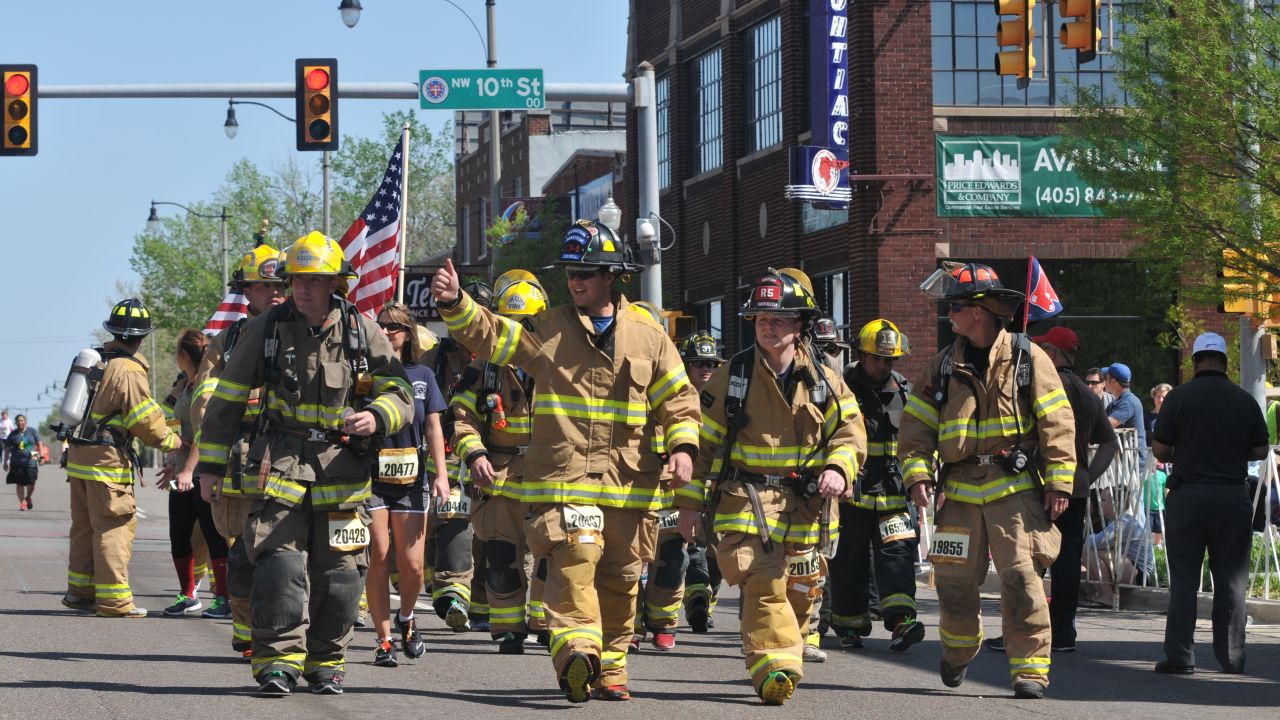 Firefighters walked and ran in honor of the victims in Oklahoma City and Boston.