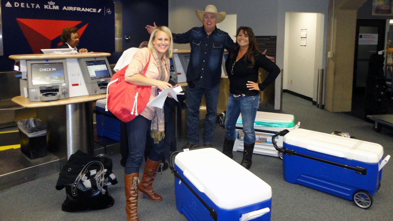 Arnold and his team flew to Boston carrying enough barbecue in coolers to feed 250 people. Delta Air Lines allowed them to fly for free with the food.