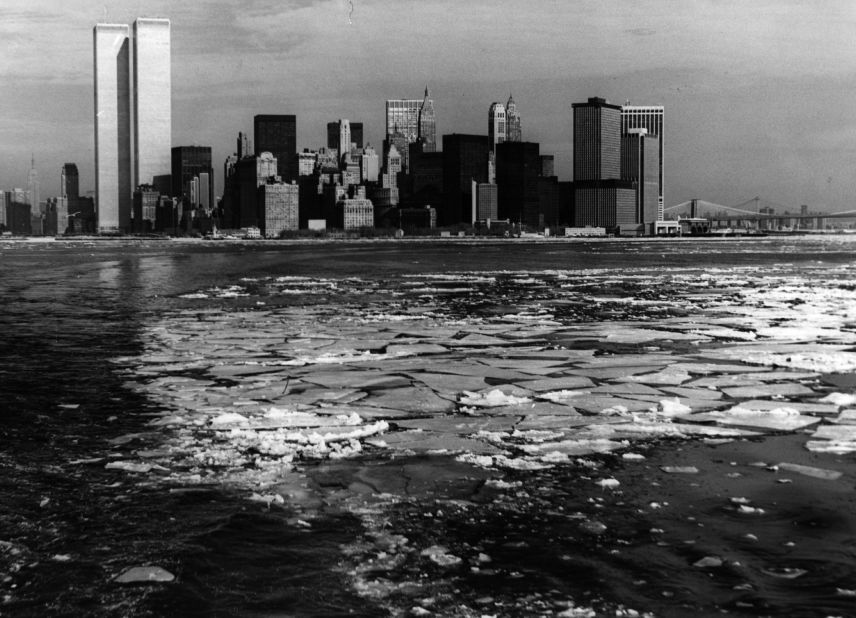 In this photograph from January 1976, the twin towers of New York's World Trade Center can be seen across the Hudson River. Its construction coincided with a U.S. recession in the year leading up to its 1970 completion. 