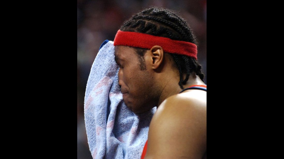 Collins wipes his face after Game Five of the Eastern Conference Quarterfinals during the 2007 NBA Playoffs in Toronto. 
