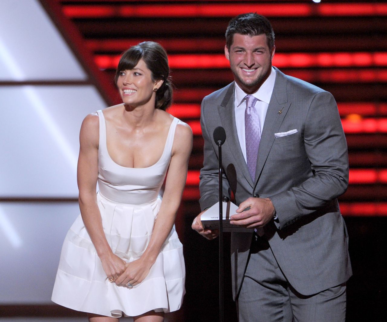 Tebow and actress Jessica Biel present an award during the 2012 ESPYs in Los Angeles.