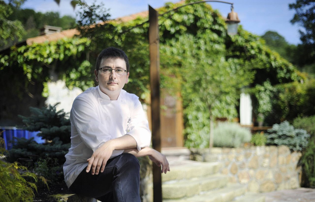 Andoni Luis Aduriz poses in front of his number four restaurant, Mugaritz, in the northern Basque village of Errenteria. 