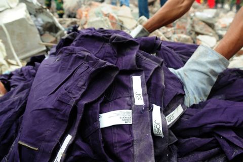 Clothing with Joe Fresh labels lies in the debris on April 30.