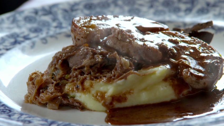 Seared foie gras on potato puree from Episode 4 of Anthony Bourdain Parts Unknown.