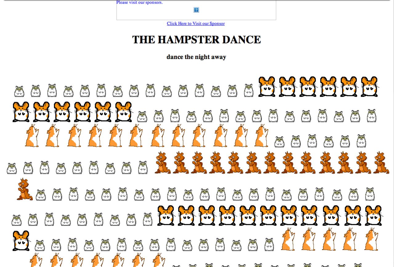 <a href="http://hampsterdance.com" target="_blank" target="_blank">Hampsterdance.com</a>, shown here as it looked in April 1999, gained popularity for its catchy background tune and cute rodent graphics.