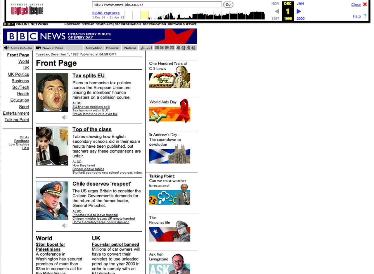This screenshot of <a href="http://news.bbc.co.uk" target="_blank" target="_blank">news.bbc.co.uk</a> in December 1998 exemplifies the narrow, vertical design of websites in the 1990s to accommodate lower-resolution monitors.
