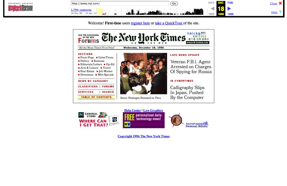 The <a href="http://nyt.com" target="_blank" target="_blank">New York Times front page</a>, as it appeared in December 1996, is compact by modern Web design standards.