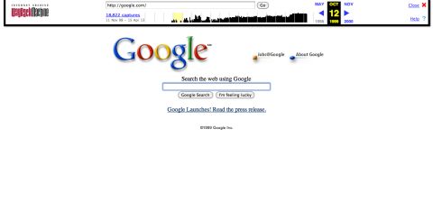 The <a href="http://google.com" target="_blank" target="_blank">Google.com</a> landing page of October 1999 looks similar to its current version. But the site now offers many other services beyond search.