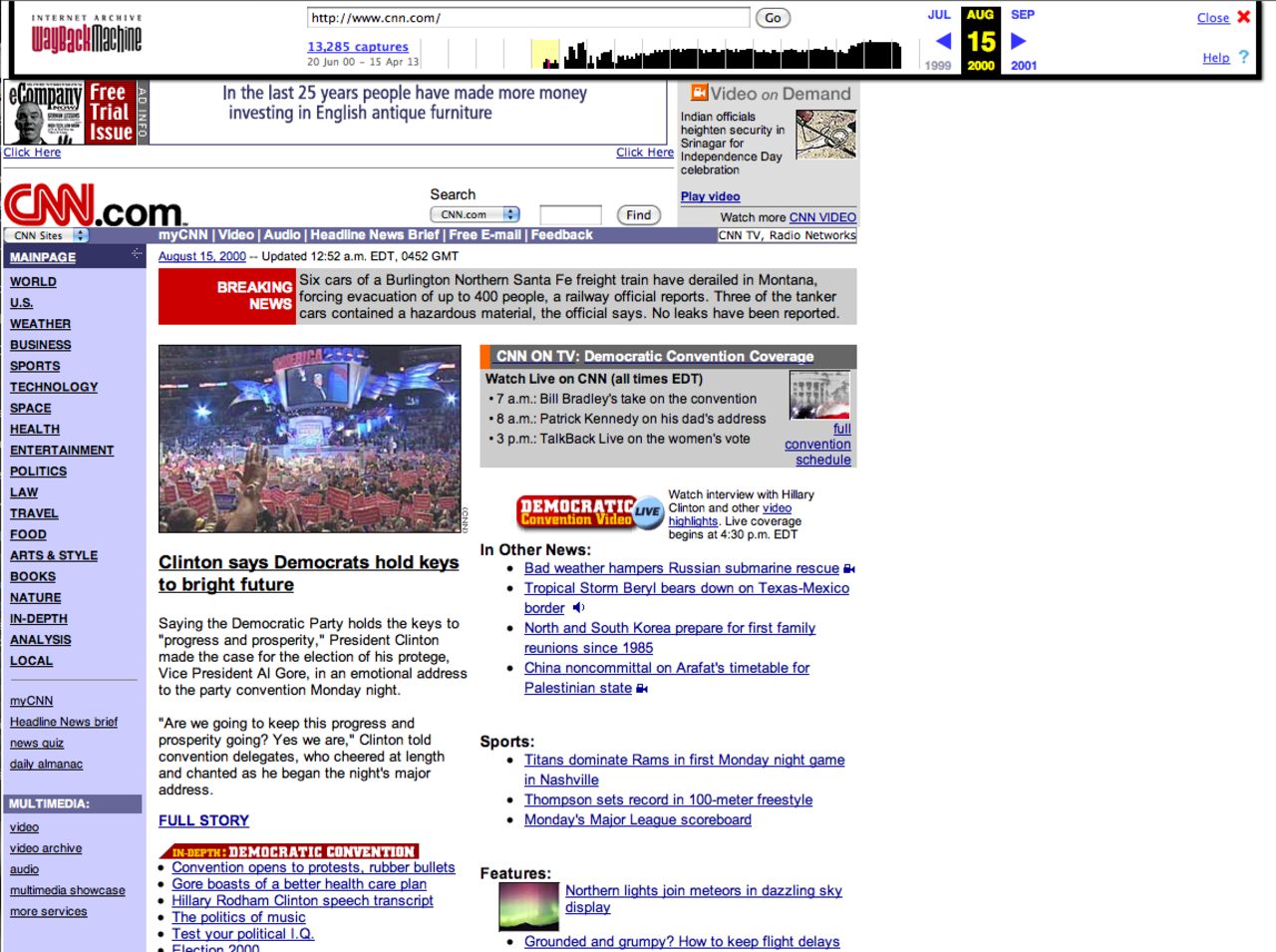 Purple and lavender accents adorned the <a href="http://www.cnn.com">CNN.com</a> homepage in August 2000. Election season was well under way.