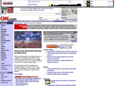 Purple and lavender accents adorned the <a href="http://www.cnn.com">CNN.com</a> homepage in August 2000. Election season was well under way.