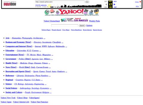 A white background with bright blue links helped <a href="http://yahoo.com" target="_blank" target="_blank">yahoo.com</a> users find what they were looking for in October 1996.