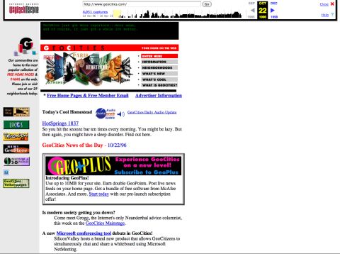 For those looking to find a sense of community online, the <a href="http://geocities.yahoo.com/index.php" target="_blank" target="_blank">geocities.com</a> of October 1996 presented a colorful option. 