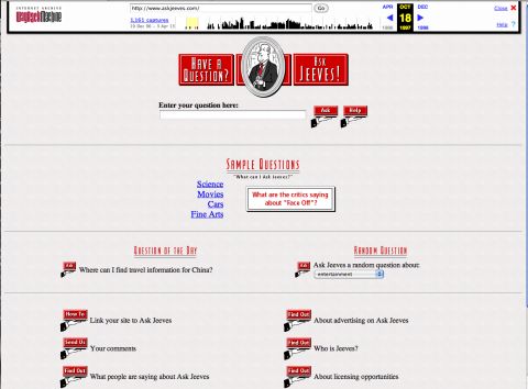Go ahead, ask the Internet a question. The <a href="http://askjeeves.com" target="_blank" target="_blank">askjeeves.com</a> site, shown in October 1997, boasted an online butler of sorts.