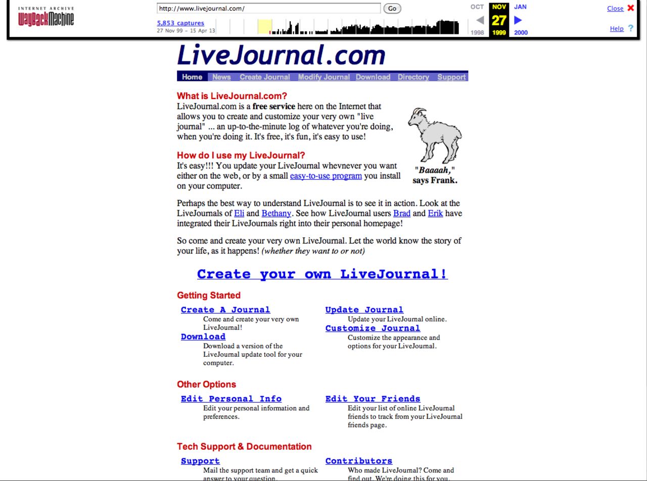 "Baaaah," said goat mascot Frank of <a href="http://livejournal.com" target="_blank" target="_blank">livejournal.com</a>. This screenshot shows the social blogging site as it appeared in November 1999.