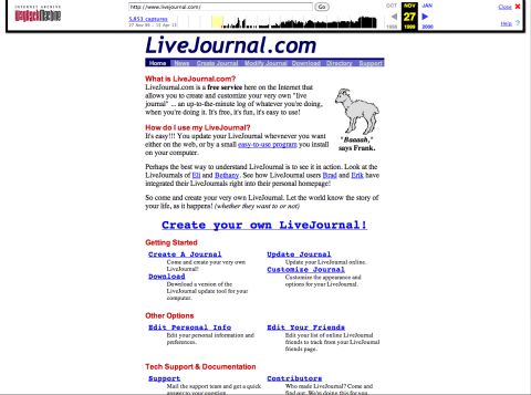 "Baaaah," said goat mascot Frank of <a href="http://livejournal.com" target="_blank" target="_blank">livejournal.com</a>. This screenshot shows the social blogging site as it appeared in November 1999.