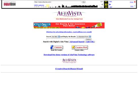 The <a href="http://altavista.com" target="_blank" target="_blank">altavista.com</a> site is now an iconic darling of Internet history. The October 1996 version of the site boasted a search field, a banner ad and some fun extras.