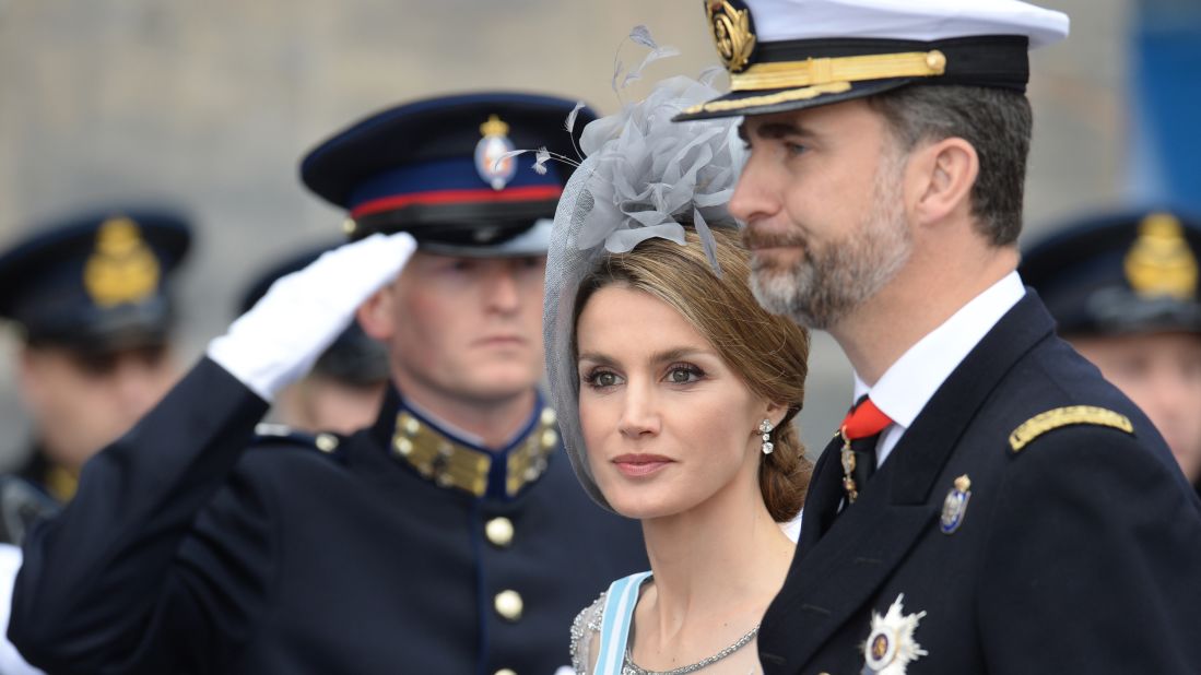 Spain's Crown Prince Felipe and his wife Crown Princess Letizia arrive at a reception hosted by King Willem-Alexander at the Royal Palace in Amsterdam following the investiture.