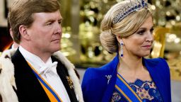 HM King Willem Alexander of the Netherlands and HM Queen Maxima of the Netherlands exit after the inauguration ceremony at New Church on April 30, 2013 in Amsterdam, Netherlands