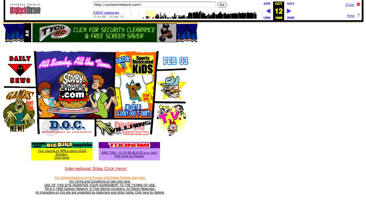 "The first website I ever went to was Cartoon Network's, circa 1998," said a commenter named maxemoose36. "I remember I was looking for something about Johnny Bravo." This screenshot of <a href="http://cartoonnetwork.com" target="_blank" target="_blank">cartoonnetwork.com</a> is from October 1999.