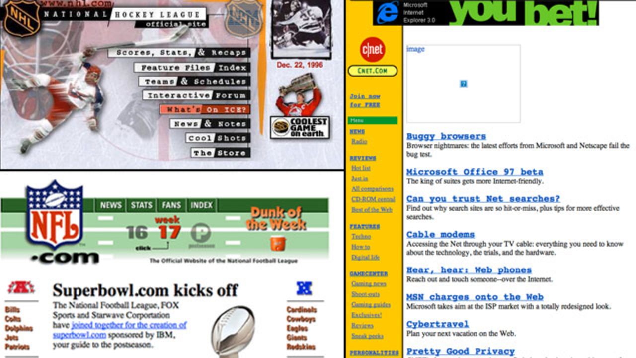 A commenter with the username Kandric suggested several memorable websites from the 1990s. Shown here are <a href="http://nhl.com" target="_blank" target="_blank">nhl.com</a> and <a href="http://nfl.com" target="_blank" target="_blank">nfl.com</a> as they appeared in December 1996, plus <a href="http://CNET.com" target="_blank" target="_blank">CNET.com</a> as it was seen in October 1996.