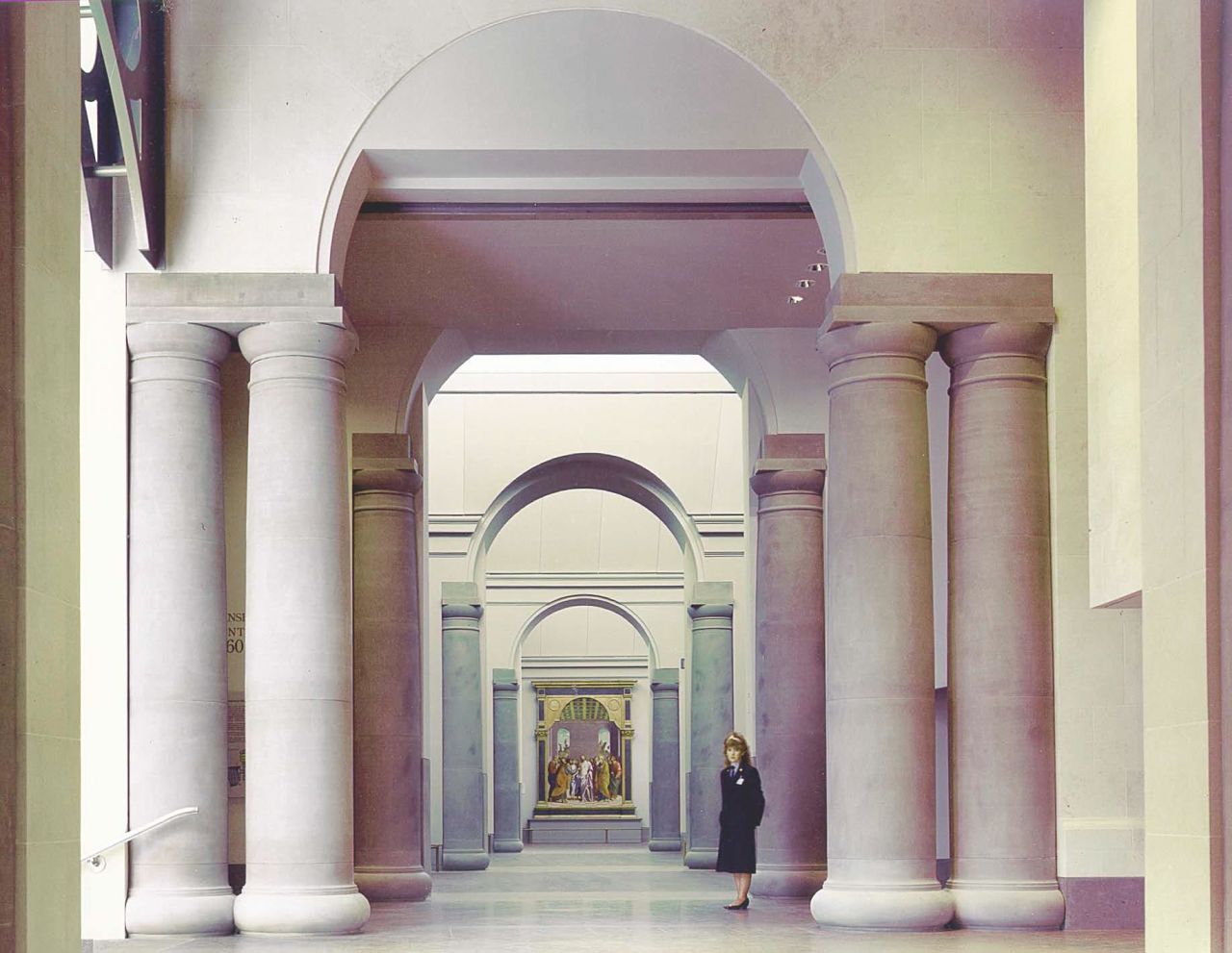 The interior plays post-modern tricks on the eye as some of the columns are only visible from one direction.