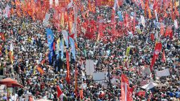 Thousands of Turkish protestors gather at Taksim square during a May Day rally in central Istanbul, on May 1, 2012. Tens of thousands of workers gathered at the iconic square in the heart of Turkey's biggest city Istanbul to celebrate May Day. AFP PHOTO/BULENT KILIC (Photo credit should read BULENT KILIC/AFP/GettyImages) 