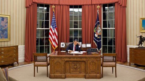 President Obama edits his remarks in the Oval Office prior to making a televised statement announcing bin Laden's death.