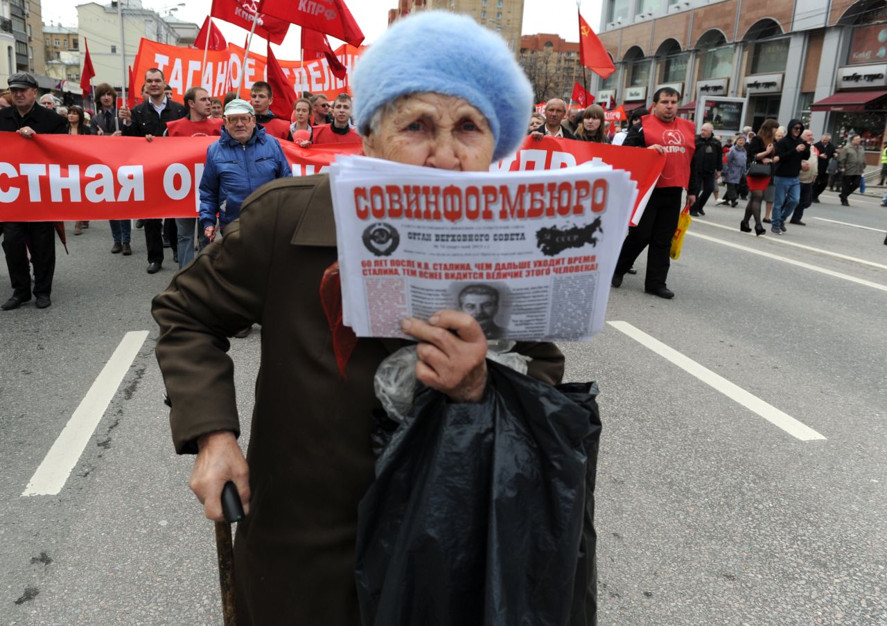 An elderly activist attends a traditional May Day Communist rally in Moscow.