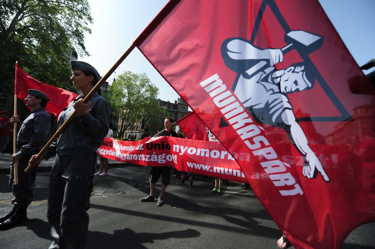 Members and sympathizers of the Hungarian communist party, the "Munkaspart," march in Budapest.
