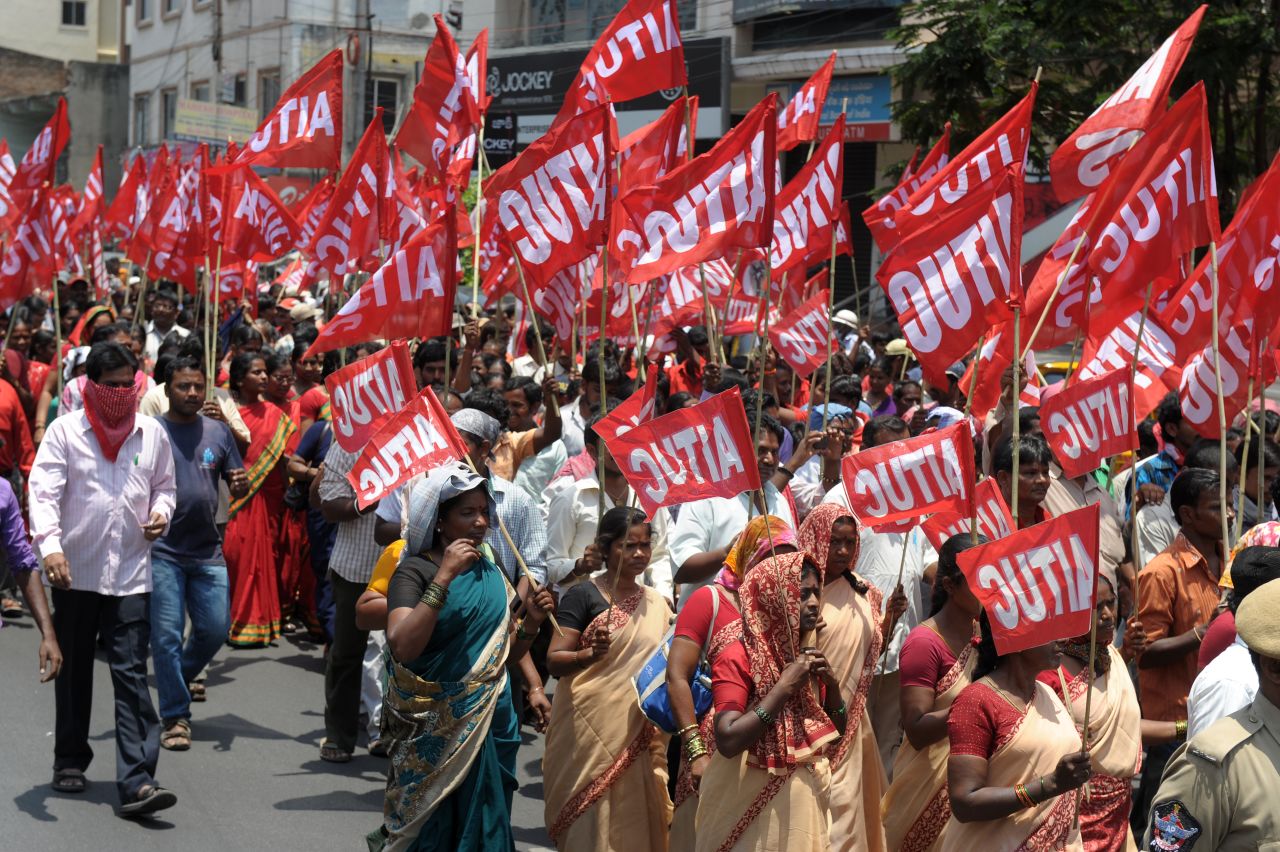 Indian members of the All India Trade Union Congress take part in a rally in Hyderabad.