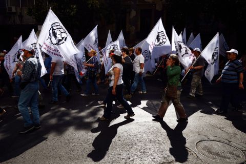 People march in a May Day demonstration Athens. 