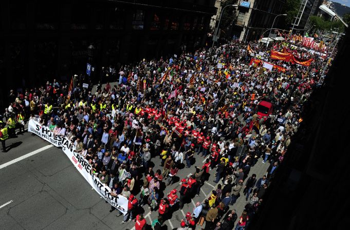 Demonstrators march against the Spanish government's austerity policies in Barcelona.