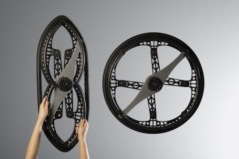 Another update of an ancient yet unbeatable design -- the wheel. Devised by <a href="http://vitaminsdesign.com/projects/folding-wheelchair/" target="_blank" target="_blank">Vitamins design</a>, this is the first ever foldable wheelchair wheel, earning it this year's transport Design of the Year Award at London's Design Museum. 