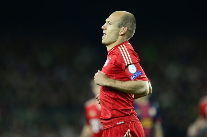 Robben wheels away after his superb opener for Bayern in the 3-0 second leg win over Barcelona. 