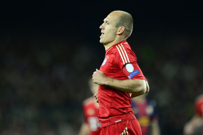 Robben wheels away after his superb opener for Bayern in the 3-0 second leg win over Barcelona.