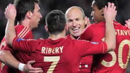 Arjen Robben celebrates with his Bayern Munich teammates after their resounding second leg victory over Barcelona in the Nou Camp. 