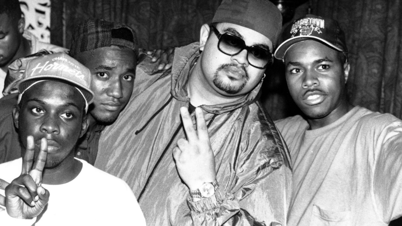Rapper Heavy D (center, in shades) poses with members of the U.S. hip-hop group A Tribe Called Quest around 1990. Hip-hop had the biggest influence on pop music between 1960 and 2010, a new study says.