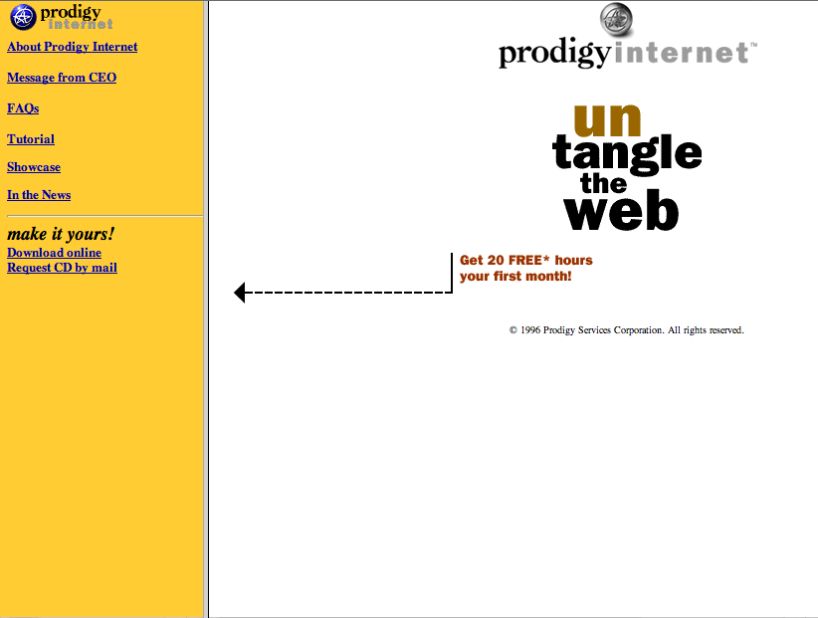 Untangle the Web! The Prodigy Internet website was calling itself "the next generation online service" when compared to its origins in Prodigy Classic. The site is shown as it appeared in October 1996. IBM, CBS and Sears jointly founded the Internet portal service that would later be known as Prodigy in 1984, predating the World Wide Web. SBC completely bought Prodigy in 2001, and the brand floundered in the years afterward.