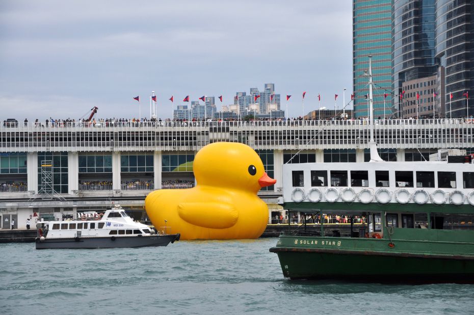 The duck is about six stories tall. It is hollow and air pumps work non-stop to keep the duck's shape. Three huge anchors will hold the duck in place in the harbor.
