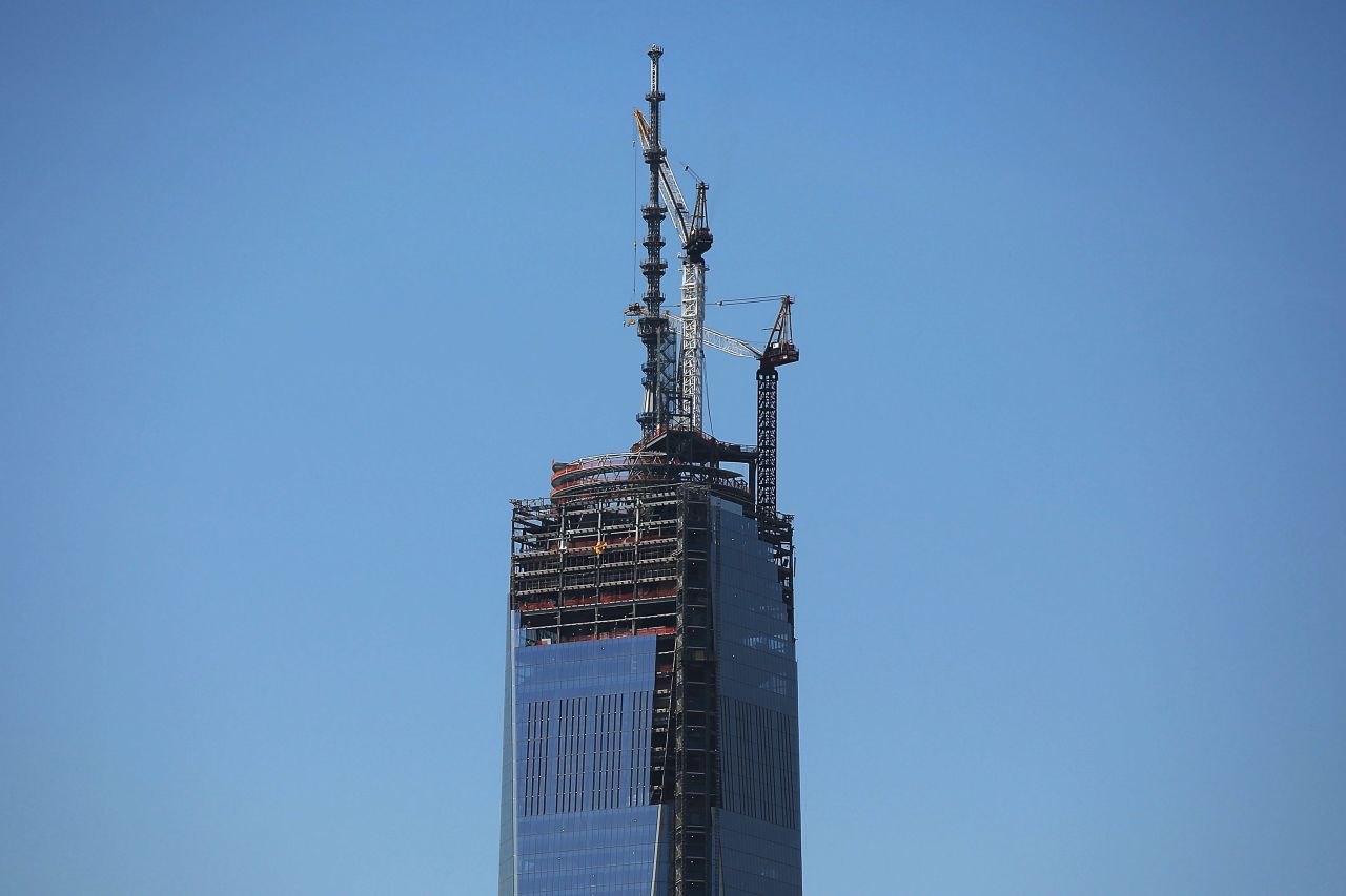 The spire is perched on a temporary platform on the top of One World Trade Center on Thursday, May 2. The memorial building sits on ground zero, the site of the World Trade Center twin towers, which were destroyed in the September 11 terrorist attacks.