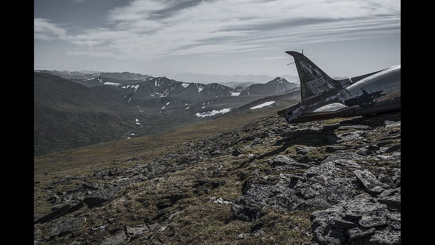 A Douglas C-47 rests on a rocky field in Canada's Yukon territory. The aircraft went down in 1950. Most of the airplanes he photographed made forced landings because of engine failure, Eckell says. In some cases, there were injuries.