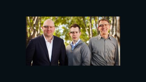 Tech investors Marc Andreesen, Bill Maris and John Doerr model Google Glass in this image provided by the company.