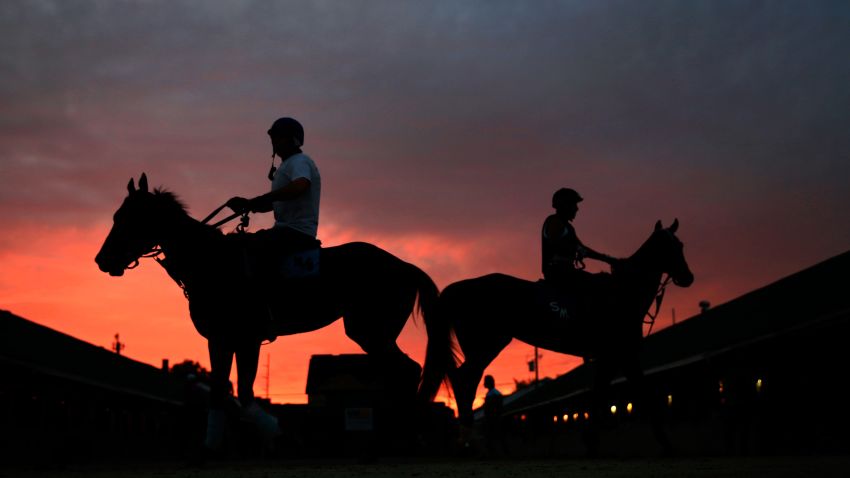 Horses walk around the stable as the sun rises over Churchill Downs in Louisville, Kentucky, on Friday, May 3 during morning workouts for the 2013 Kentucky Derby.