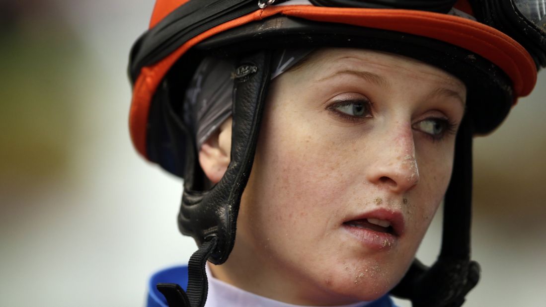 Jockey Rosie Napravnik, her face still splattered with dirt from the track, won the Rachel Alexandra Stakes with horse Unlimited Budget in New Orleans on February 23.