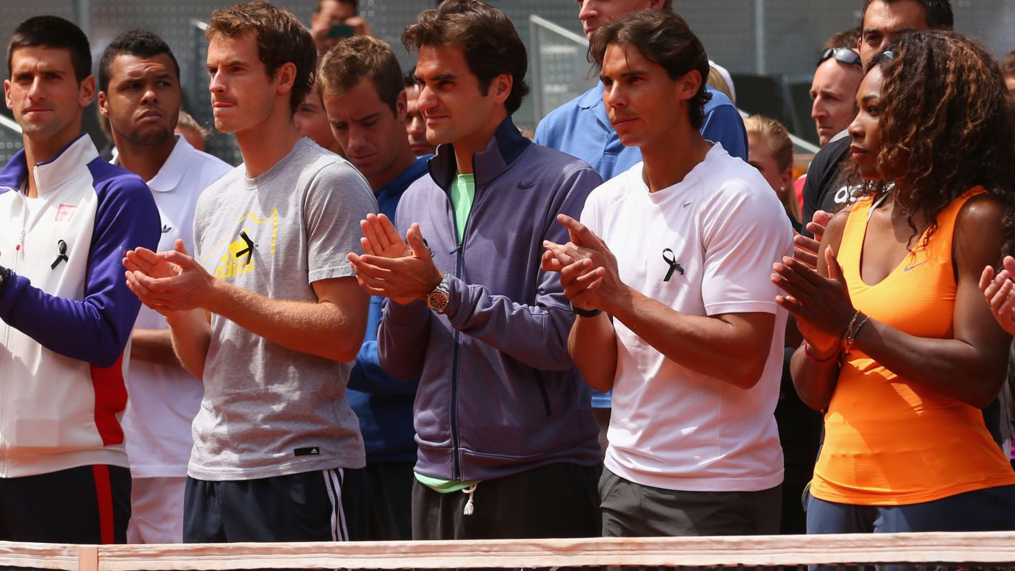 (From left) Novak Djokovic, Andy Murray, Roger Federer, Rafael Nadal and Serena Williams pay tribute to the late Brad Drewett.
