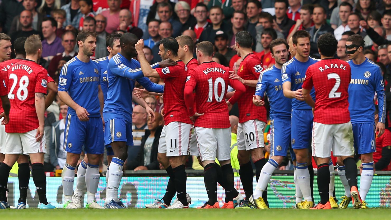 Rafael Da Silva's clash with David Luiz caused a mass confrontation between the Manchester United and Chelsea players.
