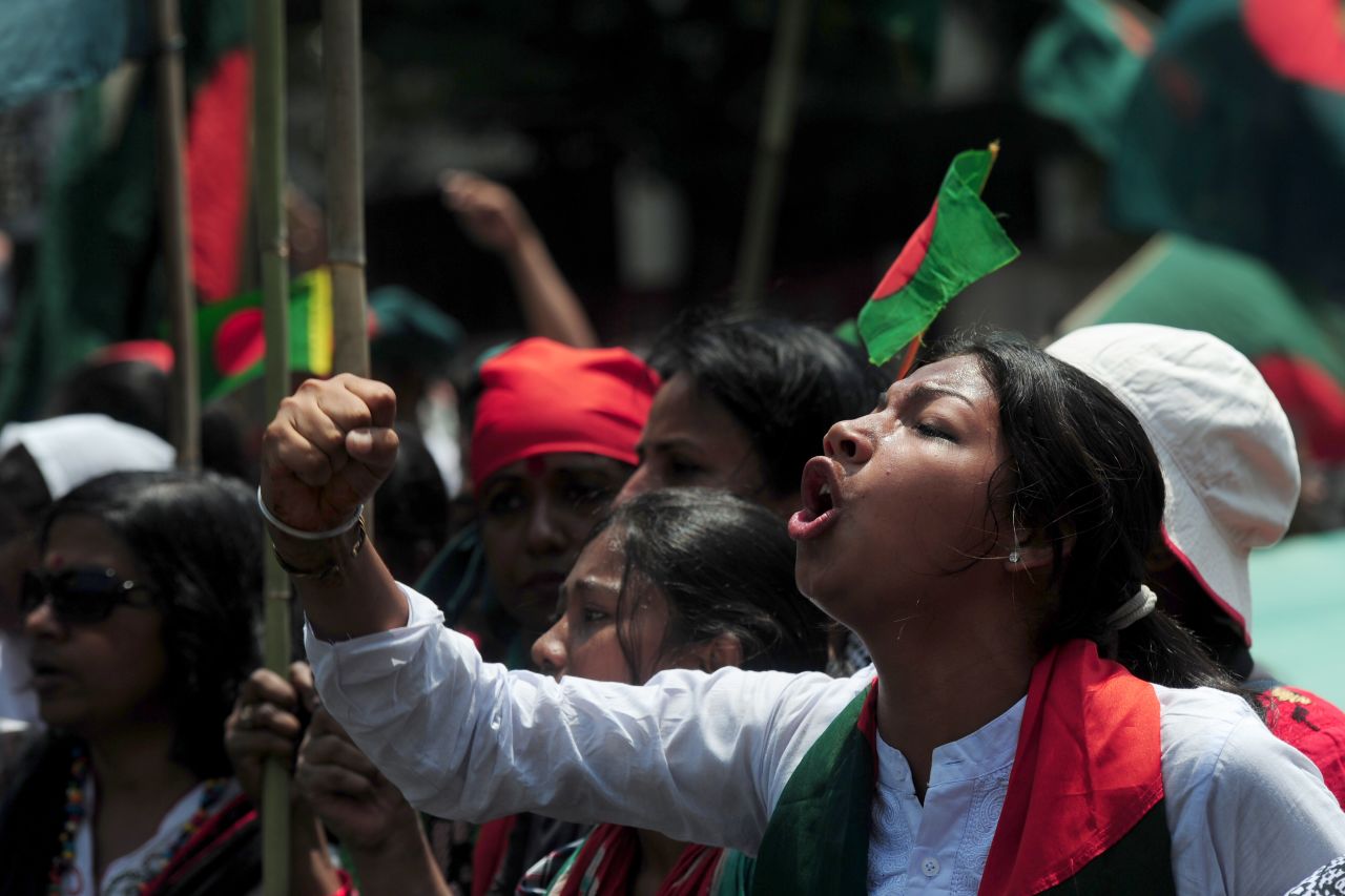 A Bangladeshi protester shouts during a rally on April 8 against the strike called by Hefazat-e-Islam. <strong><em>Correction:</em></strong><em> An earlier version of this caption misstated what this woman was protesting. It implied she was supporting the conservative Islamist movement that called the strike.</em>