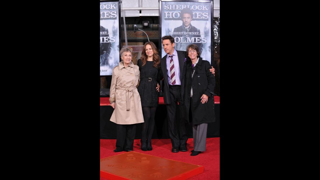 From left, Downey's mother, Elsie, wife Susan, Downey and his mother-in-law attend a hand- and footprint ceremony at Grauman's Chinese Theater in Hollywood on December 7, 2009.