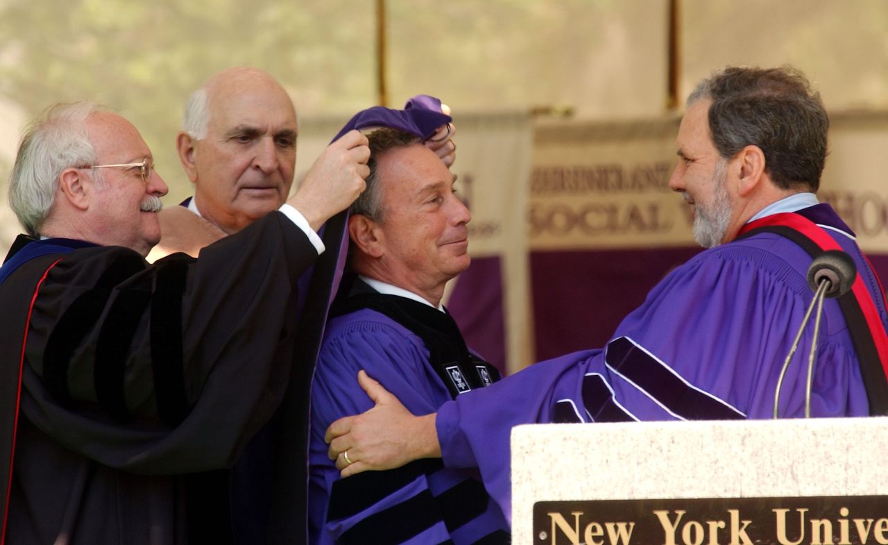 New York Mayor Michael Bloomberg is to deliver the commencement address at Stanford University in June. Bloomberg received an honorary degree from New York University President John Sexton, right, in 2003.